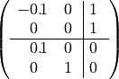 $$
\left(\begin{array}{rllrll|rll}
-0.&\hspace{-1em}1&\hspace{-1em}\phantom{\cdot}&0\phantom{.}&\hspace{-1em}&\hspace{-1em}\phantom{\cdot}&1\phantom{.}&\hspace{-1em}&\hspace{-1em}\phantom{\cdot}\\
0\phantom{.}&\hspace{-1em}&\hspace{-1em}\phantom{\cdot}&0\phantom{.}&\hspace{-1em}&\hspace{-1em}\phantom{\cdot}&1\phantom{.}&\hspace{-1em}&\hspace{-1em}\phantom{\cdot}\\
\hline
0.&\hspace{-1em}1&\hspace{-1em}\phantom{\cdot}&0\phantom{.}&\hspace{-1em}&\hspace{-1em}\phantom{\cdot}&0\phantom{.}&\hspace{-1em}&\hspace{-1em}\phantom{\cdot}\\
0\phantom{.}&\hspace{-1em}&\hspace{-1em}\phantom{\cdot}&1\phantom{.}&\hspace{-1em}&\hspace{-1em}\phantom{\cdot}&0\phantom{.}&\hspace{-1em}&\hspace{-1em}\phantom{\cdot}\\
\end{array}\right)
$$